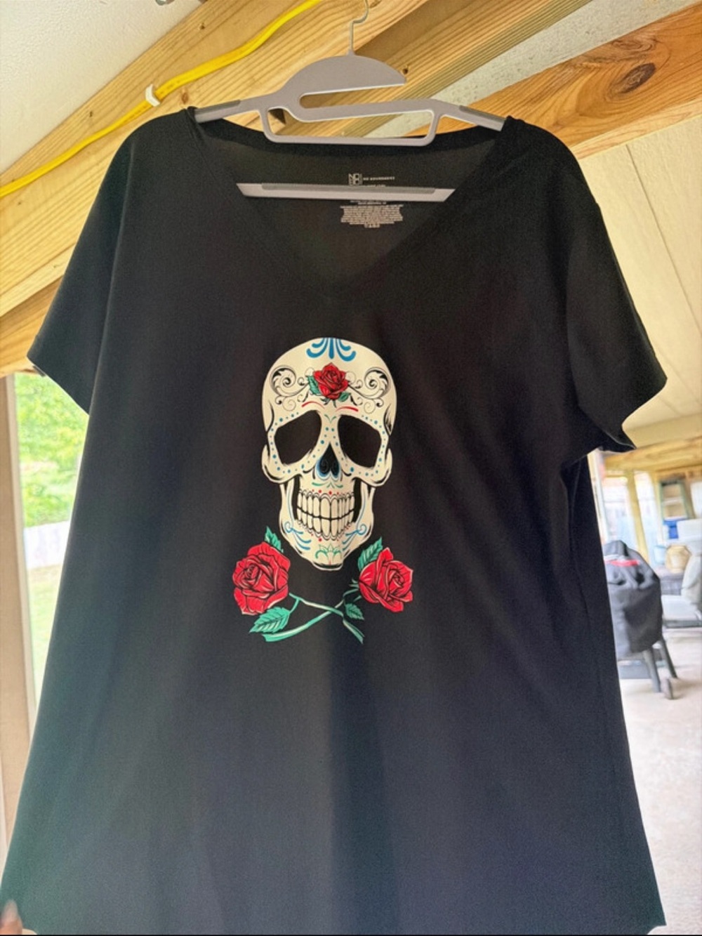 No Boundaries Black V-Neck Tee with Sugar Skull & Red Roses